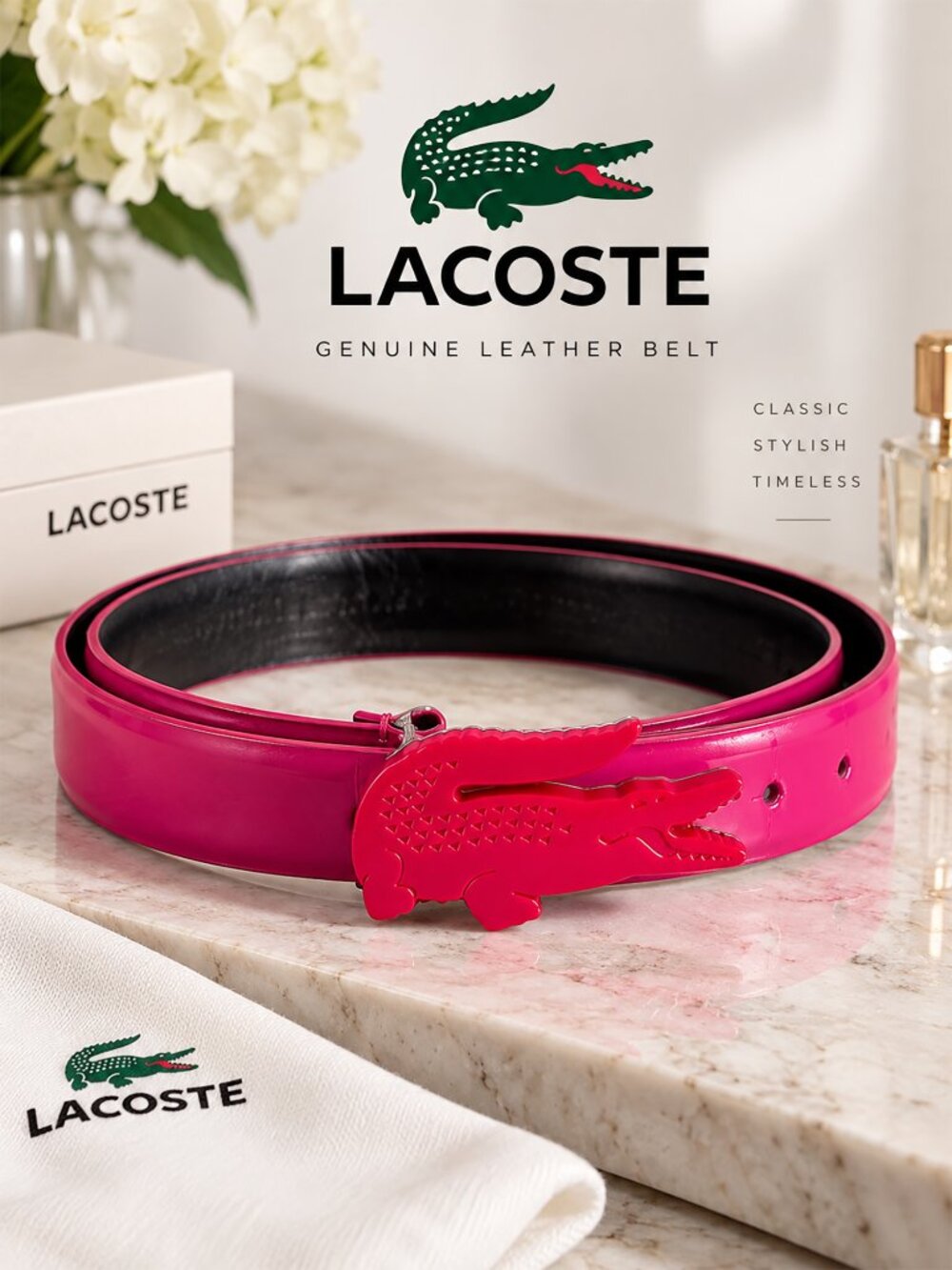 Lacoste Women RC0967 Reversible Leather Belt 90/36 Pink Black Croc